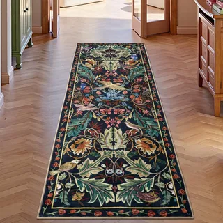 TUKDAK Vogel Teppich Läufer für Flur 60×180cm, Dunkelblau Waschbarer Küche Läuferteppich mit Antirutsch Gummirücken, Weicher Kurzflor Schlafzimmer Teppich, Vintage Lang Mat für Eingang Büro Badezimmer