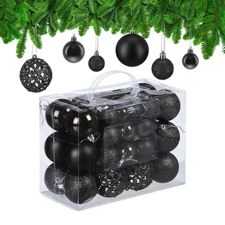 Relaxdays Weihnachtskugeln 50er Set, glitzernde, Matte & glänzende Christbaumkugeln, Kunststoff, ∅ 3, 4 & 6 cm, schwarz