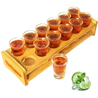 Schnapsglas-Set, Cocktailhalter und Schnapsglas, Getränke-Servierbrett, Organizer, 12 Löcher, mit klarem Kristallglas, 12 Stück, 30 ml, für Likör, Schnaps, Wodka, Rum, zu Hause, Party, Bar