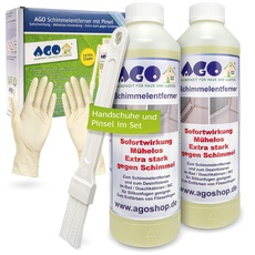 AGO 2x 500ml Schimmelentferner mit Pinsel & Handschuhen – stärker als herkömmliche Sprühreiniger/hochkonzentriertes Anti Schimmel Mittel/Schimmelentferner Fugen Dusche/Schimmel Vernichter