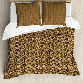ABAKUHAUS Leopard-Druck Bettbezug, Wilde Feline Tile, Milbensicher Allergiker geeignet mit Kissenbezügen, 200 cm x 200 cm - 80 x 80 cm, Orange Schwarz - Orange