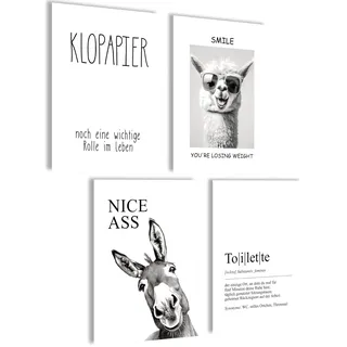 mojoliving Witzige Poster Set 4er Set Wandbilder WC Sprüche Lama Esel Toilette Humor A4 Kunstdrucke schwarz weiß Badezimmer Gäste WC Deko Geschenkidee
