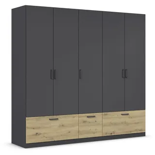 Rauch Möbel Bari, Drehtürenschrank Kleiderschrank Grau-Metallic/Eiche Artisan, 3 Schubladen, 226x210x54cm