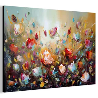 MuchoWow Metallbild Blumen - Kunst - Natur - Ölgemälde 120x80 cm , Multicolor , Metall , Rechteckig , 120x80 cm , einfache und schnelle Anbringung , Bilder & Rahmen, Bilder, Holz & Metallbilder