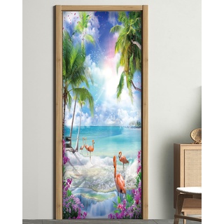 FLFK 3D Rosa Flamingos bei Sonnenuntergang Wohnzimmer Tür Wandbilder -Abziehen und Aufkleben Türaufkleber Tapete für Schlafzimmer Wohnkultur 30,3x78,7 Zoll