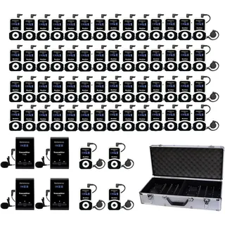Retekess T130-T131 Kabelloses Tour Guide System, Audioguides, 99 Kanäle, PLL-Technologie, Tour Guide Set mit Headset mit TT006 64 Slot Ladekoffer für Tourismus (4 Sender 60 Empfänger)