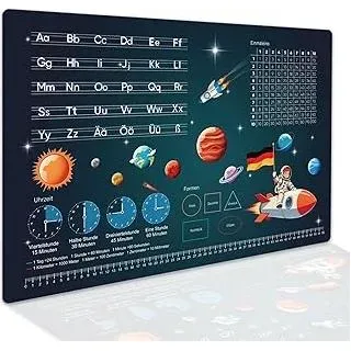 BRICH Schreibtischunterlage für Kinder – Weltraum Kinder Lernunterlage mit ABC, 1x1 und Uhrzeiten – Schreibtischunterlage Kinder Abwischbar, Größe 60 x 40 cm – aus abwischbarem Vinyl