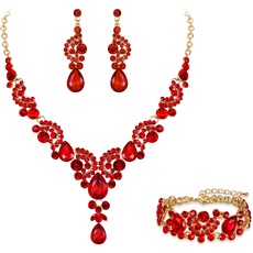 EVER FAITH Kristall Schmuckset Hochzeits Braut Art Deco Floral Teardrop Halskette Ohrringe und Armband Set Gold-Ton Rot