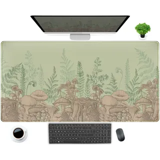 Niedliche grüne Blätter Mauspad Schreibtischunterlage Beige Waldpilz XXL Groß Erweitertes Gaming Mousepad Schreibtischunterlage 80 x 40 cm, Coole Tastatur Mauspad Schreibtischmatten für Computer