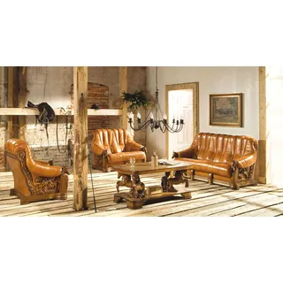 Wohnzimmer Sofagarnitur Couch Sitz Sofa Leder Holz 3+2 Set Garnitur Neu Polster - Braun