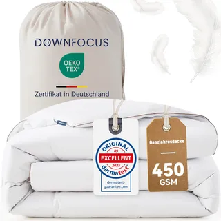 DOWNFOCUS Komfort Bettdecke 155x220 | 100% Weiche Federn & Daunen | Oeko-Tex, RDS Zertifiziert für Tierwohl | Ganzjahres Federbett Daunendecke 155x220cm Bezug aus 100% Baumwolle