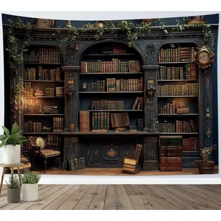 LB Wandteppich Vintage Bücherregal Wandtuch Magische braune Bücher auf Retro Regal mit grünen Blättern Wandbehang Hexen Bibliothek Tapisserie für Wohnzimmer Schlafzimmer Wohnheim Wanddeko,200x150cm