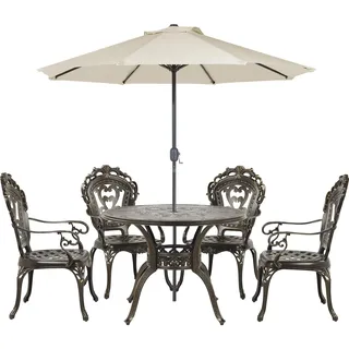 Beliani Gartentisch Set mit Sonnenschirm Dunkelbraun 4-Sitzer 6-teilig mit Auflagen Runder Tisch Garten Terrasse Balkon Ausstattung Möbel - Balkontisch, Sapri