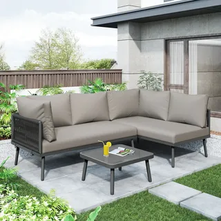 STILVORA Garten-Lounge-Set aus grünem Seil mit handgeflochtener Struktur und pulverbeschichtetem Eisenrahmen, Gartenmöbel-Set L-förmig mit 10 cm dicken Sitzkissen für hohen Komfort, Outdoor-Sofa mit gehärtetem Glastisch und verstellbaren Füßen Grau - Grau