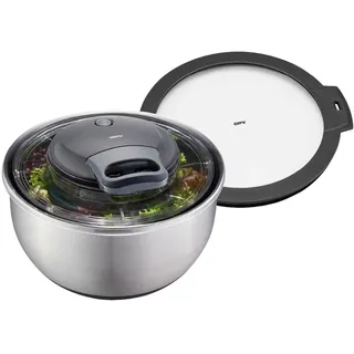 GEFU Salatschleuder PULLIT mit Edelstahlschüssel 4,5 l - Servierschale | Edelstahl-Salattrockner mit Seilzug-Antrieb, Stoppknopf, Silikonboden & Frischhaltedeckel - spülmaschinengeeignet