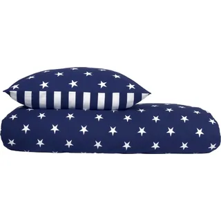 SCHIESSER Wendebettwäsche Stars & Stripes aus weicher Baumwolle mit Sternenprint, Feinbiber, 2 teilig, MADE IN GREEN by OEKO-TEX®-zertifiziert blau