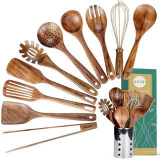 AIUHI Küchenhelfer-Set aus Teakholz, 11-teilig mit Halter, Pfannenwender und Schöpfkelle
