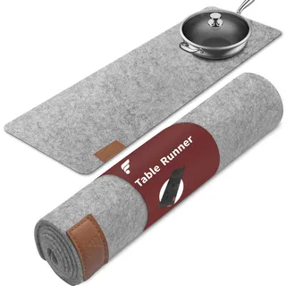 Tischläufer Filz, 100x30 cm Moderne Tischläufer Grau Abwaschbar, Skandinavischer Filzläufer Tisch mit Leder Label - Felt Table Runner Grey