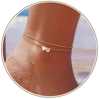 ZHESHY Fußkettchen Für Damen 14k Gold Herz Buchstaben Fussketten Für Frauen Wasserfester Layered CZ A-Z Initial Fußkette Verstellbar Fußschmuck Sommer Strand Handgefertigt Schmuck Geschenke 21+5cm