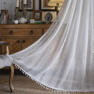 sutuo home gehäkelte Boho-Vorhänge, ca. 213 cm lang, transparente Spitze, handgefertigte Quasten, gestrickt, Fensterdekoration, Vintage, rustikal, Boho-Stil, Landhaus-Vorhang für Schlafzimmer
