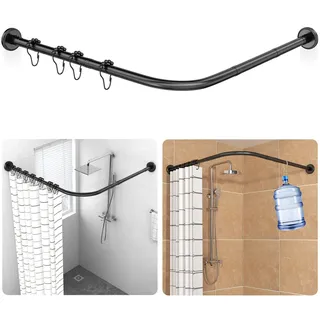 Duschvorhangstange L Form, [70-100 cm] × [70-100 cm] Verstellbar Duschvorhang mit 18 Edelstahlringen, SUS 304 Edelstahl Eckduschstange, Bohrinstallation, für Badezimmer Badewanne - Schwarz