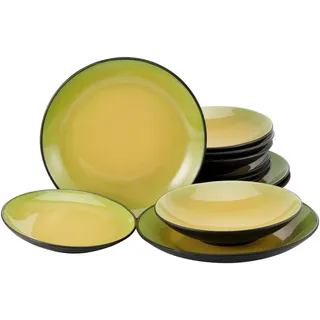 Creatable Tafelservice , Grün, Schwarz, Hellgelb , Keramik , 12-teilig , lebensmittelecht, stapelbar , Geschirr, Geschirrsets, Tafelservice