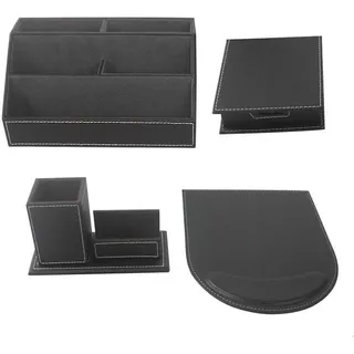 KINGFOM 4pcs Leder büro Schreibtisch Set- Inklusive Schreibtisch Organisator,Mauspad, Stifthalter mit Visitenkartenhalter und Zettelbox (T41-4-Schwarz)