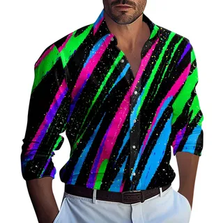 RMBLYfeiye Hawaiihemd Herren Revers Neon Druck Strandhemd Langarm Knopfleiste Bequem Bügelfrei Hemd Für Männer Vatertag T Shirt Weich Arbeitshemd Basic Pilotenhemd Langarmshirt