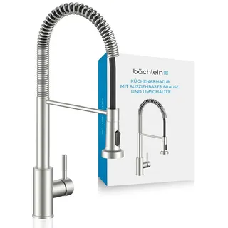 Bächlein Küchenarmatur Nedo – 360 Grad schwenkbar (gebürsteter Edelstahl) – Einhand-Spültischbatterie aus Edelstahl mit flexiblem Hals und Brause mit Umschalt-Taste, Wasserhahn für die Küche