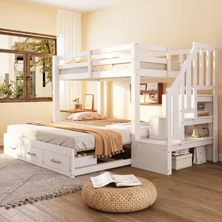 STILVORA Etagenbett 90x200 cm Ausziehfunktion auf 180x190 cm mit platzsparendem Design und stabiler Tragfähigkeit, Ausziehbett mit mehreren Stauraum-Schubladen für Bettwäsche und Alltagsgegenstände, Jugendbett mit Sicherheits-Stauraumleiter und robustem Kiefernholzrahmen langlebig und stabil, Weiß - Weiß