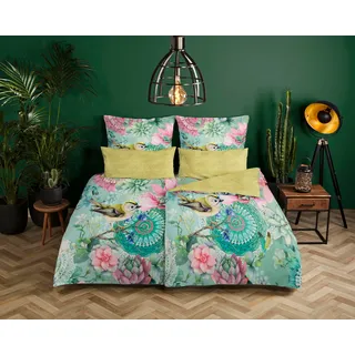 hip Wendebettwäsche »XABINE« 2 Stk. tlg. Mako-Satin, 135x200, Reißverschluss, Wende, Mandala,Vogel Blumen, Grün, bunt