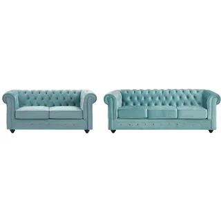 Sofa 3-Sitzer & 2-Sitzer - Samt - Pastellblau - CHESTERFIELD