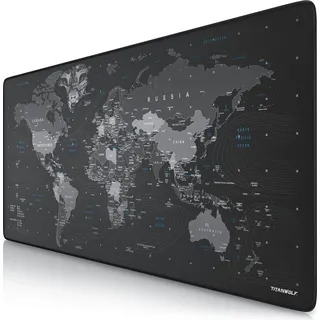 Titanwolf Gaming Mauspad XXL, 900 x 400 x 3 mm, Schreibtischunterlage, abwaschbar, rutschfeste Rückseite, Geschwindigkeit & Präzision, Globus - Schwarz