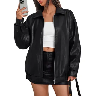 Trendy Queen Damen-Lederjacken, übergroß, Kunstleder, Übergröße, Moto-Biker-Mantel, Herbst-Outfits, modische Kleidung 2025, Schwarz, XXL