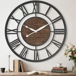Pytha Sight Wanduhr Groß XXL Wohnzimmer Ohne Tickgeräusche,Große Wanduhr 60cm,Schwarz Vintage Grosse Industrial Walnuss Römische Ziffern Wanduhren für Modern Wohnzimmer,Küche,Büro,Heimdekoration