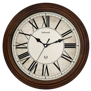 Holzwerk BEDBURG Natur Vintage Retro Holz Funk Wanduhr Holz-Uhr Funkwanduhr mit Römischen Ziffern Funkuhr nahezu lautloses Uhrwerk leise Tickgeräusche Massivholz Natur 14 Zoll 35cm Braun (Braun)