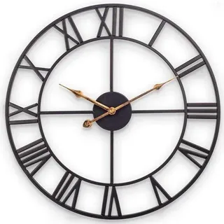 Grosse Industrielle Wanduhr, 60 cm, Stille Metallische Uhr mit römischen Ziffern, Retro Wanduhr für Wohnzimmer, Küche, Schlafzimmer, Büro, Landhaus - Schwarz