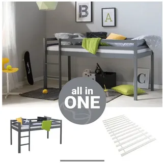 Homestyle4u 2256, Kinderbett 90x200 Grau Kiefer Massiv Jugendbett Etagenbett - Grau