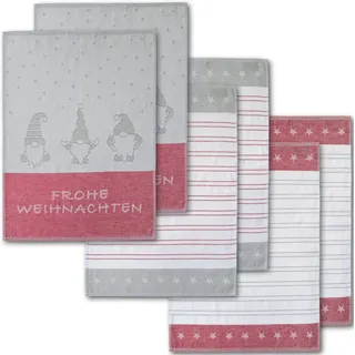Dyckhoff Geschirrtuch »Wichtel, mit Schriftzug Frohe Weihnachten, Streifen und Sternen« mit 3 verschiedenen Motiven, Maße je Tuch ca. 50x70 cm, 100% Baumwolle, rot
