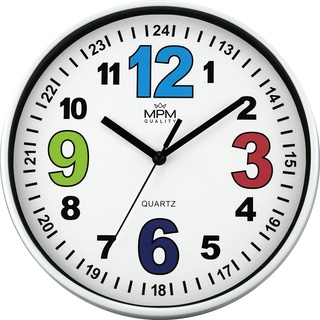MPM Quality Design Kinder Wanduhr aus Kunststoff mit markanten farbigen Zahlen, Weiß, Quarz Sweep, Bunte Kinder-Uhr, Ø 200 x 34 mm, ideal für Kinderzimmer, Kindergarten oder Schule