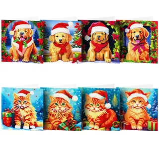 ycyingcheng Christmas Diamond Rhinestone Kits, Katzen und Hunde mit Weihnachtsmützen Greeting Cards Cross Stitch Embroidery Kits, Handmade Rhinestone Glued Painting Art Craft with Blank Envelope