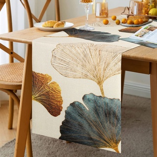 Tischläufer Frühling Tischläufer Tisch Läufer Modern Wohnzimmer Tischläufer Türkis Gold Grün Ginkgo Biloba Muster Leinen Bunt Tischläufer Küche Esstisch Dekoration für Party Dinner Kommode 33x183cm