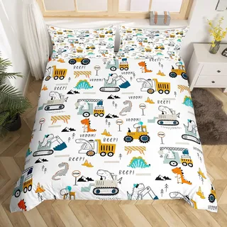 Loussiesd BAU Bagger Bettbezug Set Ausrüstung Traktor und Dinosaurier Bettwäsche Set 135x200cm für Kinder Jungen Mädchen LKW Dinos Dekor Betten Set 3D Digitaldruck, Weiche Mikrofaser