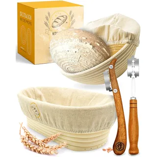 KRUSTENZAUBER Gärkorb zum Brotbacken + Bäckermesser - Set aus 2x Gärkörbchen u. 2x Teigmesser - Brot Backen Zubehör, Brotkorb, Brotbackform, Sauerteig Startet Set, Teigschneider, Gärfolie Brot, Rattan