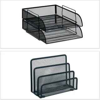 Relaxdays Schreibtisch Organizer Set, 7-tlg., Mesh, Ablagefächer, Zettel-, Brief-, Büroklammer-, Stiftehalter, anthrazit