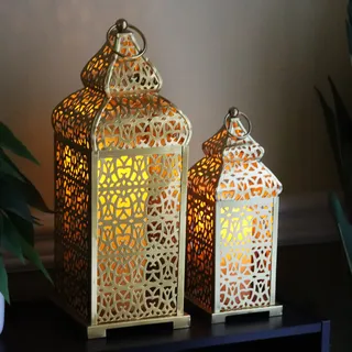 VELA LANTERNS Große goldene Tempel marokkanische Laterne Lampe Dekorative Kerzenhalter für Ramadan-Dekorationen, Hängen, Außenterrasse oder Veranda, Inneneinrichtung, Gold, 2 Stück