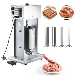 VEVOR Elektrischer Wurstfüller 10 L, Vertikale Wurstfüllmaschine mit Stufenloser Geschwindigkeitsregelung & Pedal & 4 Füllrohren, Fleischfüller aus Edelstahl für Gewerblichen & privaten Gebrauch