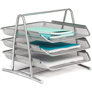 Raylu Paper - Ablage für Briefe und Dokumente, Schreibtisch-Organizer, 3 leicht zugängliche Metall-Ablagen, Größe A4, silberfarben
