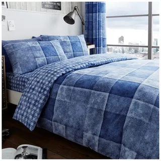 GC GAVENO CAVAILIA Karo Luxuriöses Denim-Kariertes Set mit Bettbezug und Kissenbezug, Polyester-Baumwolle, Polybaumwolle Baumwollmischgewebe, Blau, Single (135 x 200cm)