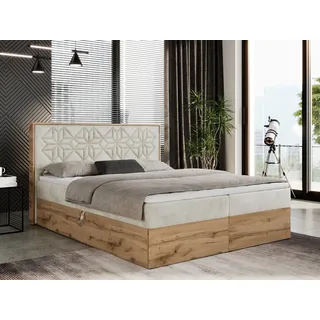 MKS Meble Boxspringbett 120x200 mit Bettkasten, Polsterbett 120x200 mit Matratze H3, Boxspringbett 120x200 mit Kopfteil, Boxspringbett mit Massivholz - Nessi - Beige Velvet - H3 - Beige
